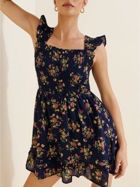 Anthropologie Navy Floral Ruffle-Strap Sundress
